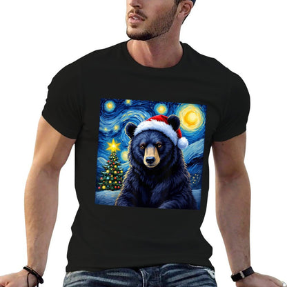 Christmas Black Bear Santa Hat Van Gogh Starry Night Holiday  Rolled Sleeves T-Shirt
