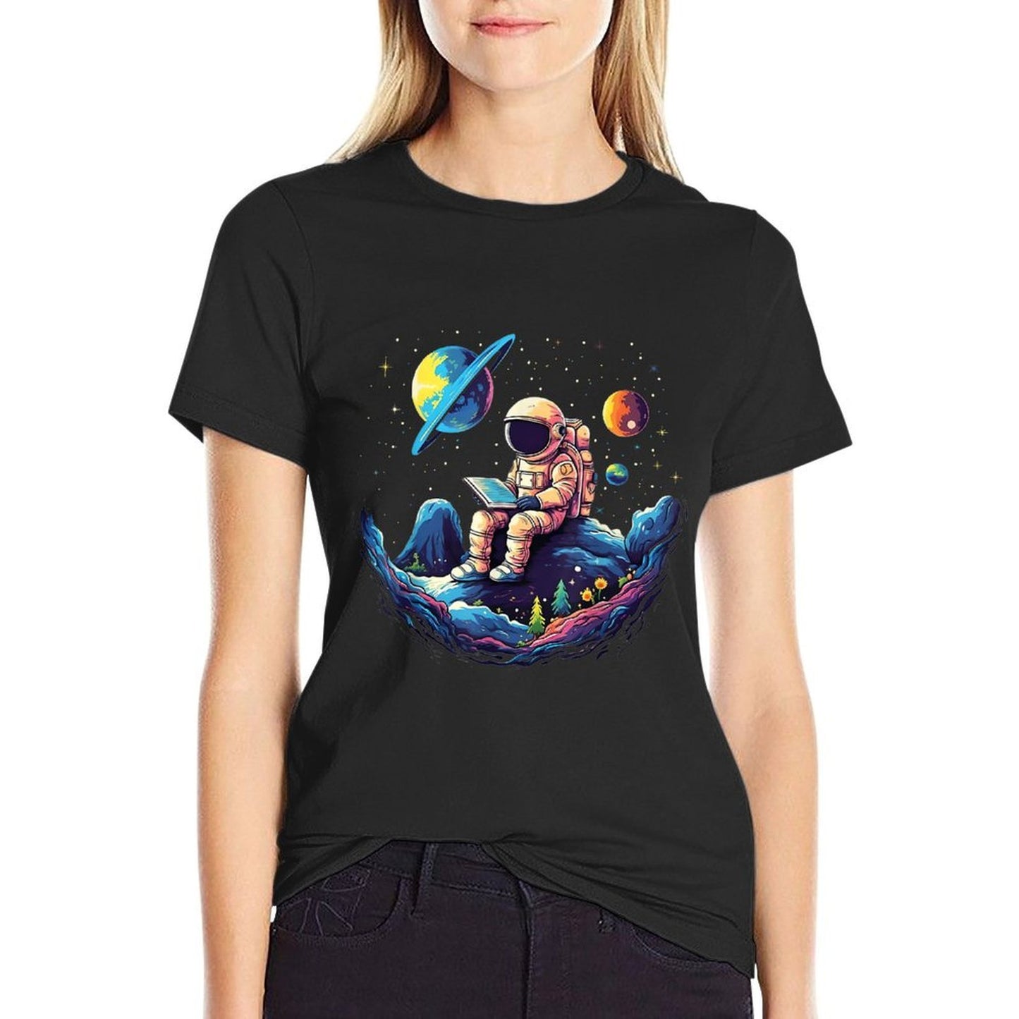 Astronaut Reading Book In Space Funny Books Lover Bookworm  High-quality Stitching T-Shirt