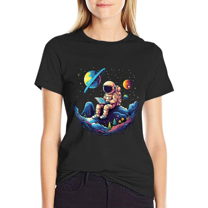 Astronaut Reading Book In Space Funny Books Lover Bookworm  High-quality Stitching T-Shirt