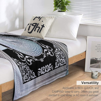 Ornate Baroque Metallic Blue Black Greek Meander All-season Throw Blanket