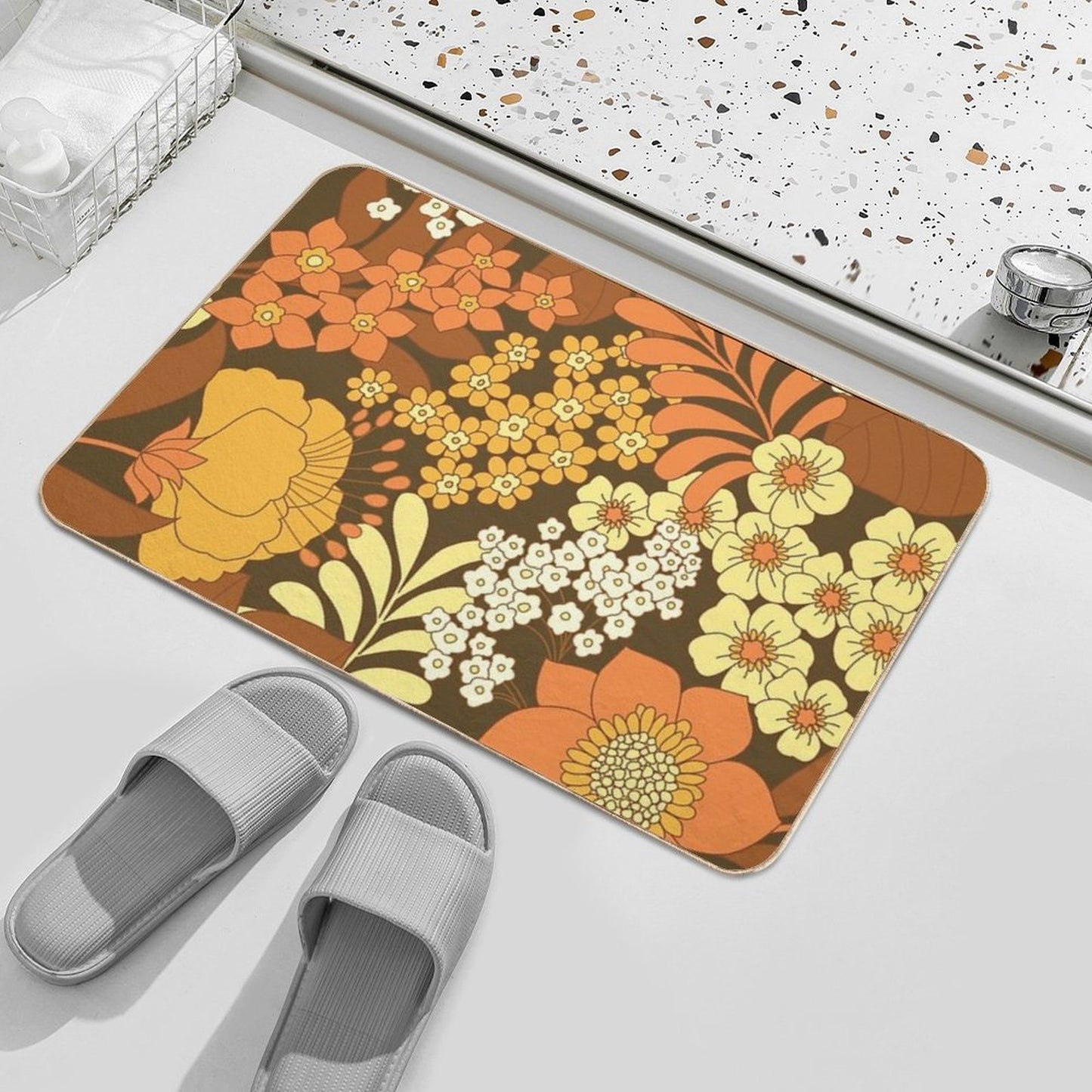 Brown, Yellow, Orange & Ivory Retro Flowers Durable Bath Mat