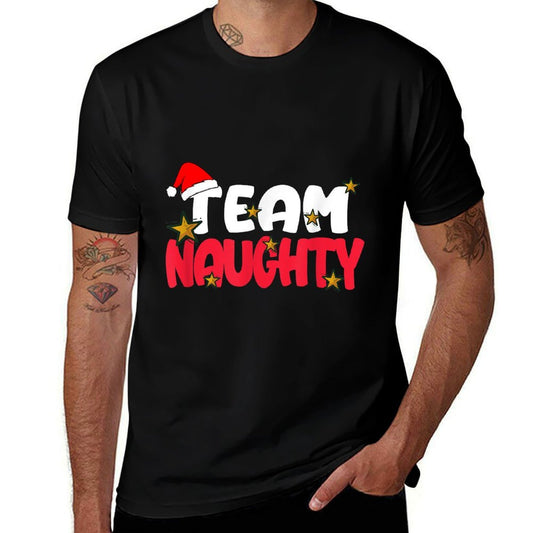 Team Naughty Funny Matching Christmas Family Xmas  Ribbed Collar T-Shirt
