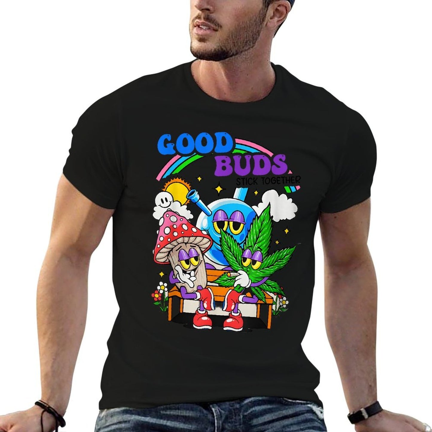 Good Buds Stick Together Rainbow Weed Meme Humorous Person  Easy-care T-Shirt