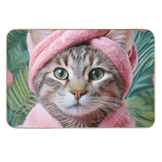 Relaxing Cat in Pink Robe And Towel Spa-Themed Cat Portrait  Odorless Bath Mat