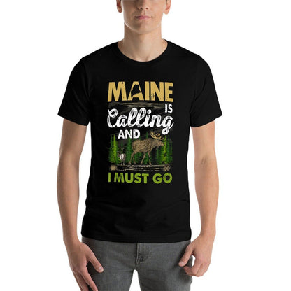 Maine Is Calling And I Must Go Funny Vacation Moose Forest  Polyester Blend T-Shirt