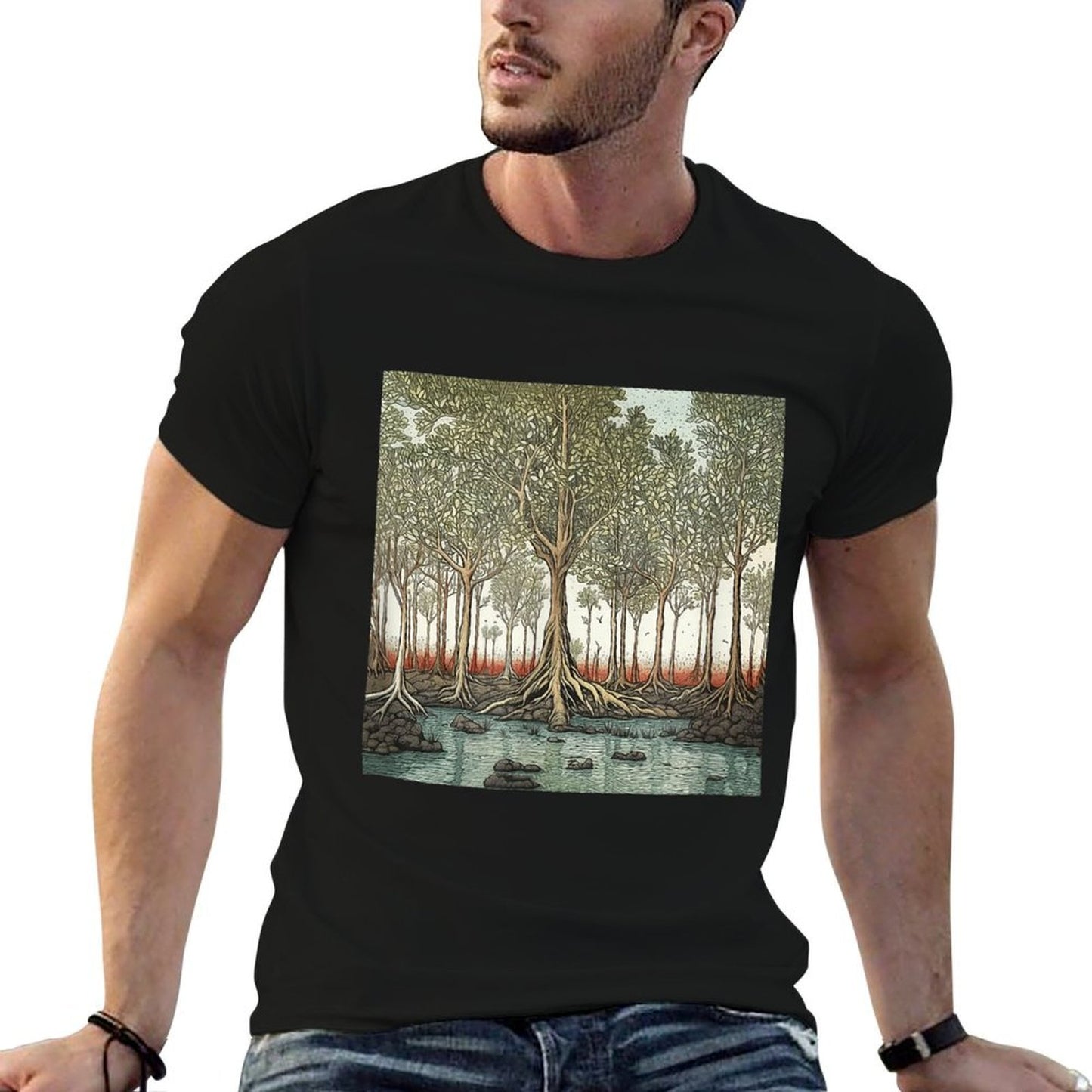 Mangrove Forest Vintage Landscape Graphic  High-quality Stitching T-Shirt