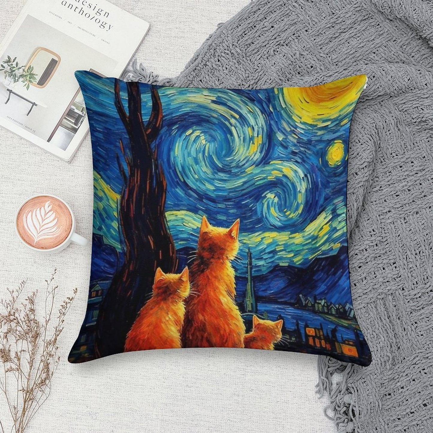 Cat Van Gogh Soft Anti-Pilling Throw Pillow