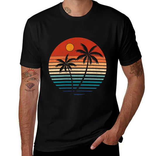 Summer Vacation Men Women Retro Sunset Beach Palms Tree  Heathered Texture T-Shirt