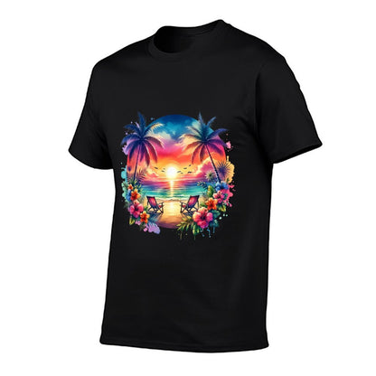 Tropical Island Beach Wave Sunset Scene  High-quality Stitching T-Shirt