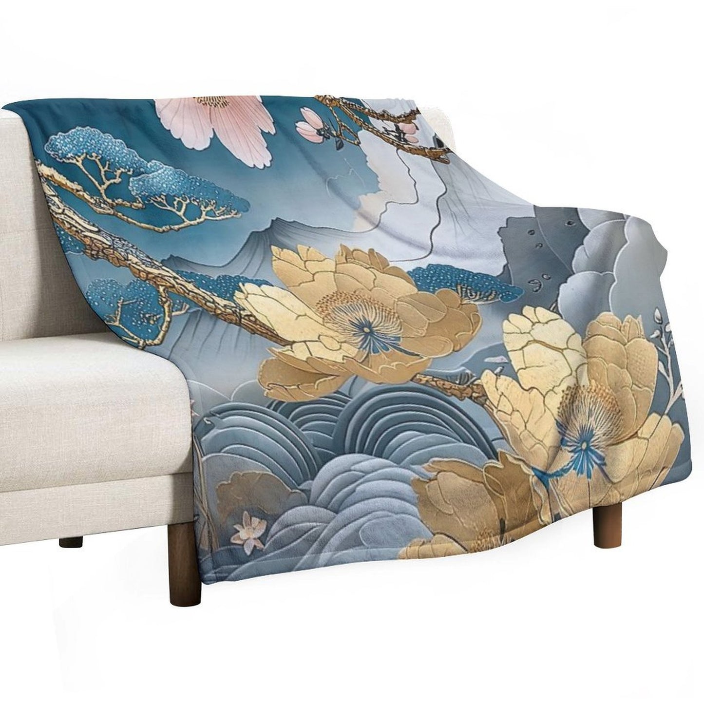 Kintsugi Japanese Floral Gold Botanical Art Anti-pilling Throw Blanket
