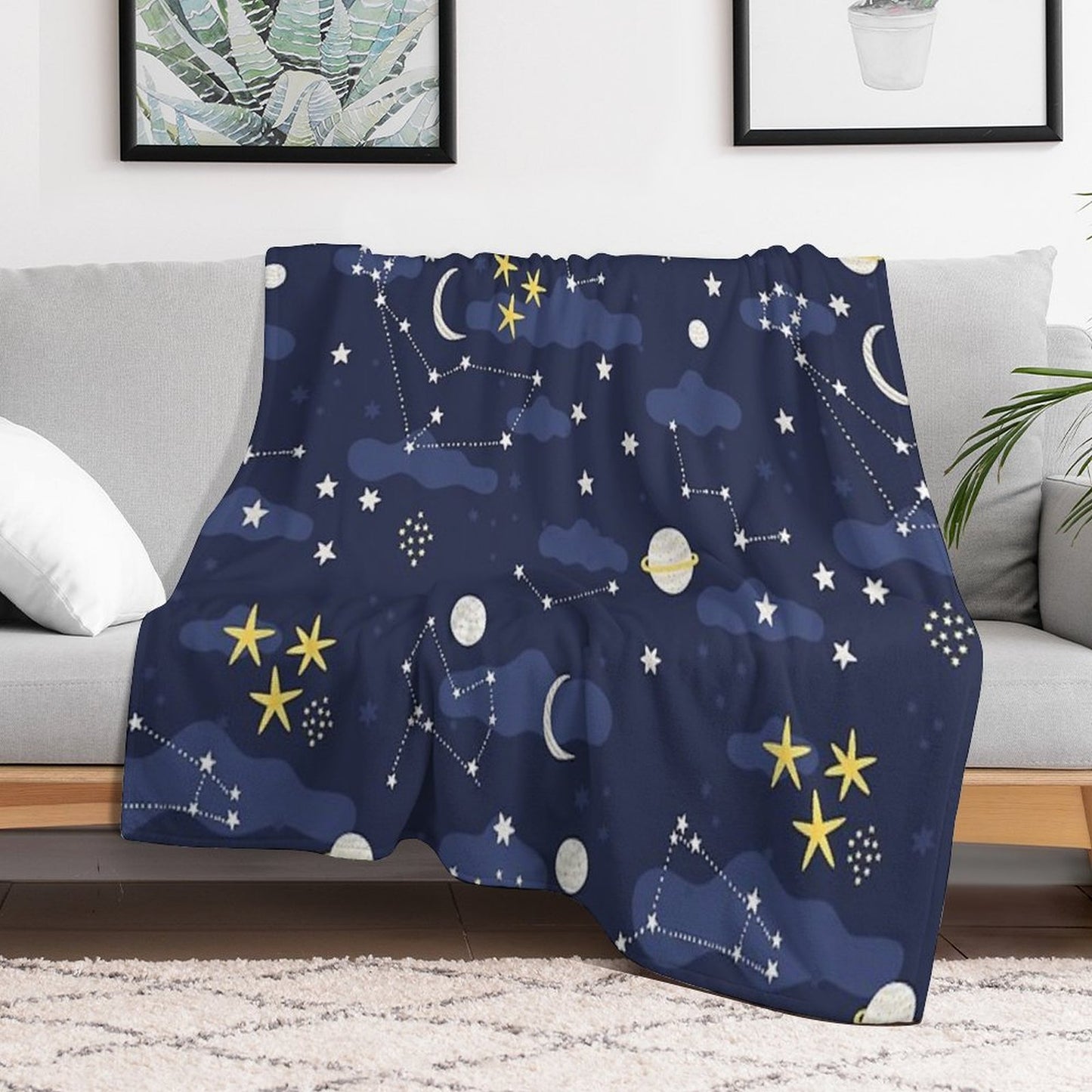 Galaxy - Cosmos, Moon And Stars. Astronomy Pattern. Cute Cartoon Universe Design. Anti-pilling Throw Blanket