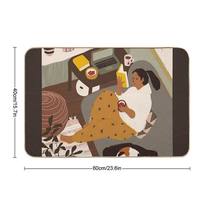 Girl Is Reading A Book at Cozy Home Interior with A Cat  Anti-Trip Bath Mat
