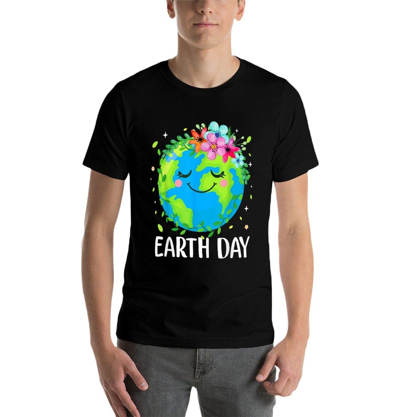 Happy Earth Day Cute Earth With Floral Earth Day 2025  Fade-proof Color T-Shirt