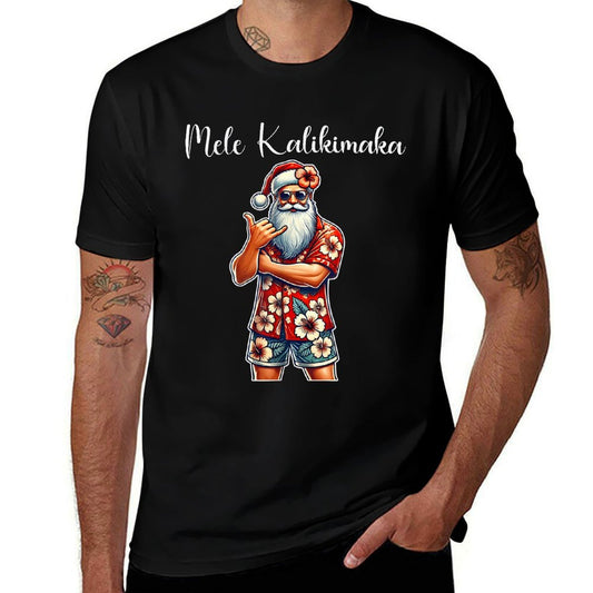 Retro Christmas Surf, Mele Kalikimaka Santa Shaka Hawaii  Cotton T-Shirt