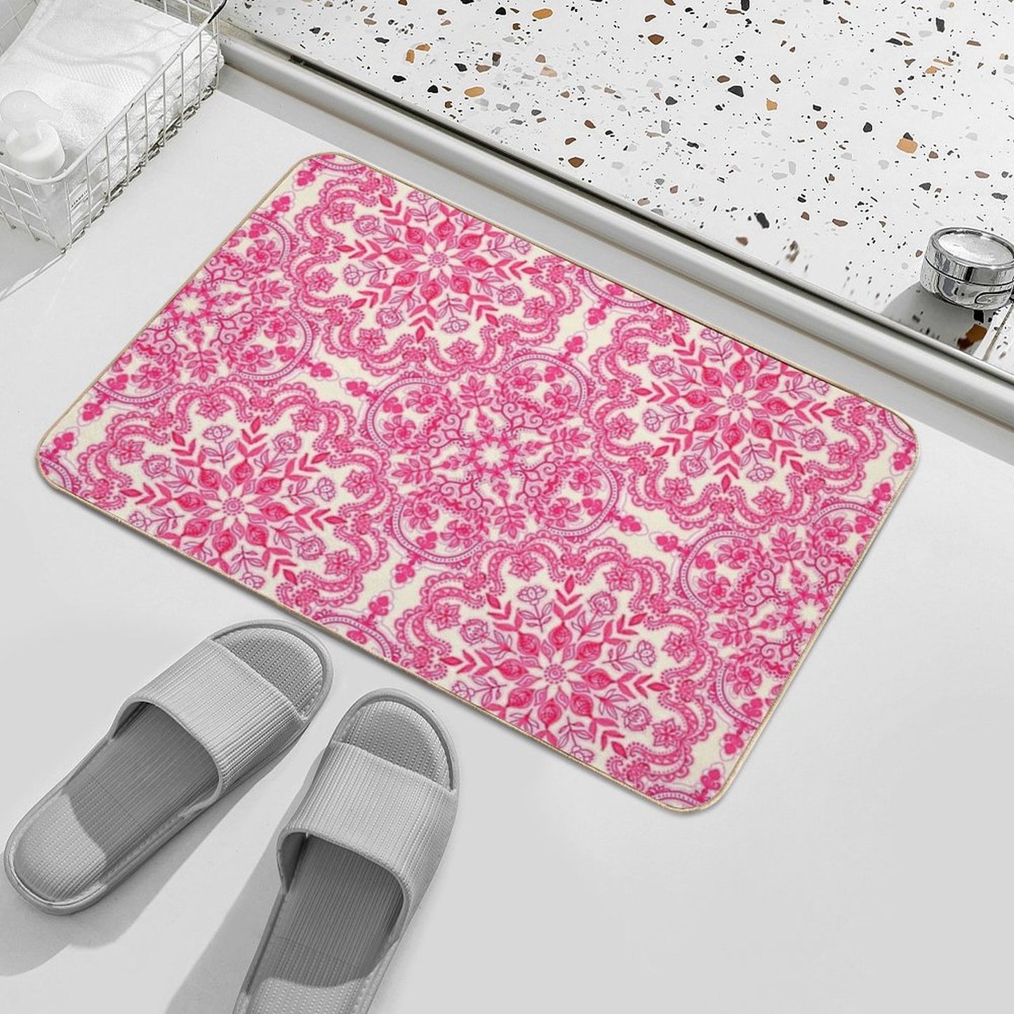 Hot Pink & Soft Cream Folk Art Pattern  Rapid-Drying Bath Mat