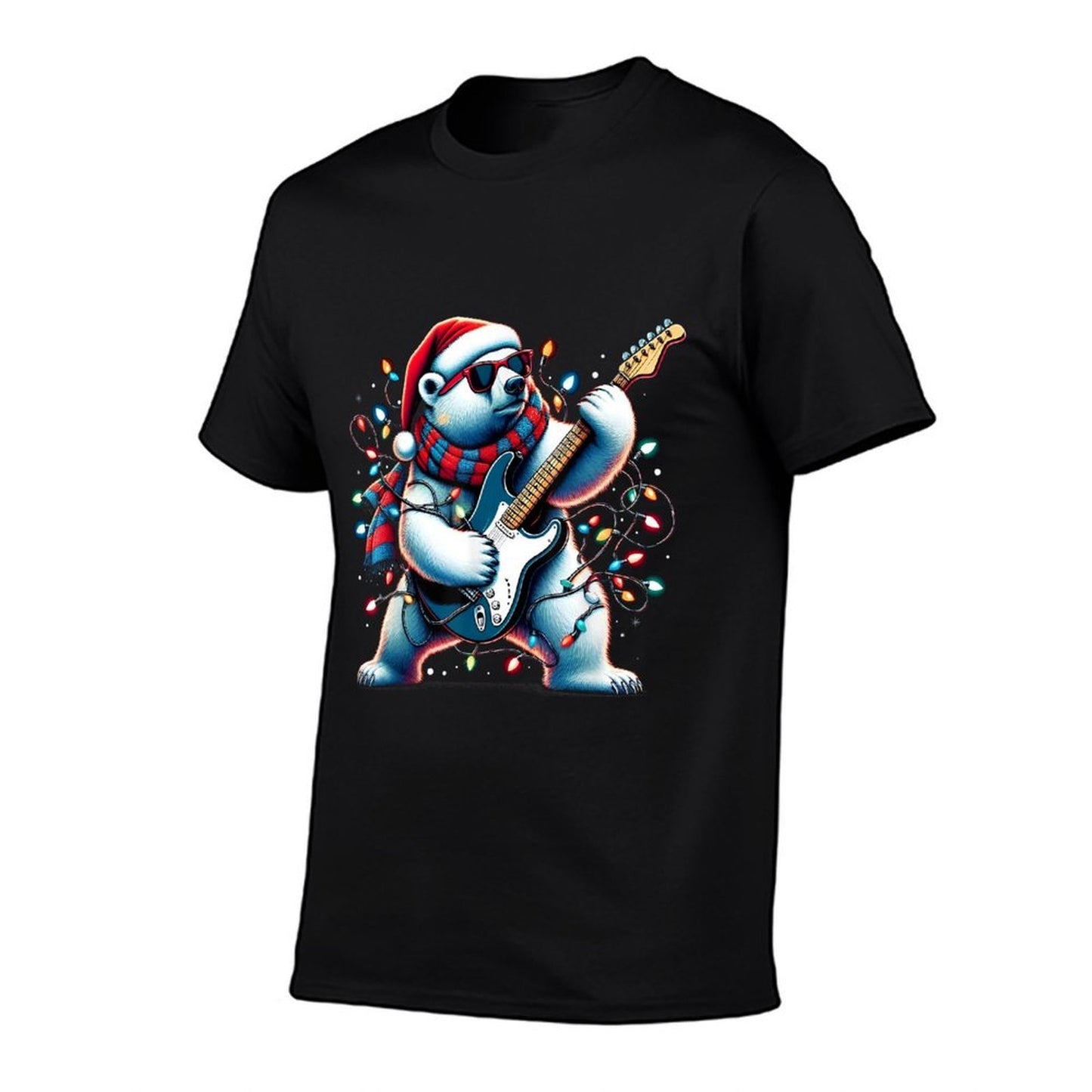 Funny Santa Polar Bear Christmas Guitar Player Light Xmas  Rolled Sleeves T-Shirt