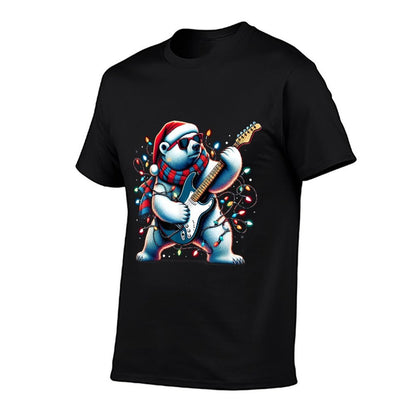 Funny Santa Polar Bear Christmas Guitar Player Light Xmas  Rolled Sleeves T-Shirt