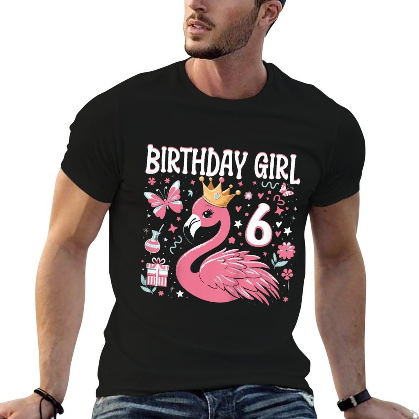 Kids 6th Birthday Gift Flamingo Fan 6 Year Old Girls 6th Bday  Cotton T-Shirt