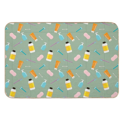 Seamless Vector Pattern of Bath Tubes, Bottles, Razers And Sponges Against Olive Tiled Wall  Odorless Bath Mat