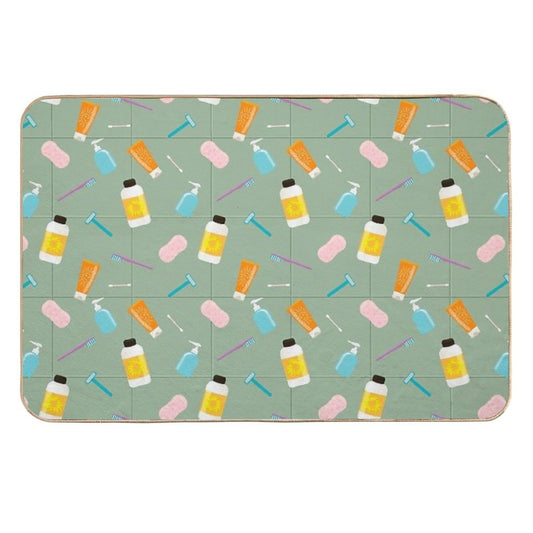 Seamless Vector Pattern of Bath Tubes, Bottles, Razers And Sponges Against Olive Tiled Wall  Odorless Bath Mat