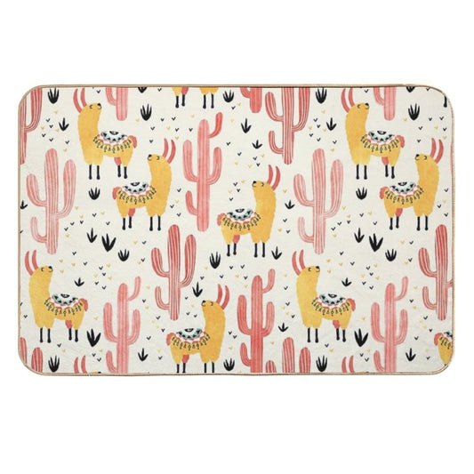 Yellow Llamas Red Cacti  Eco-Friendly Bath Mat