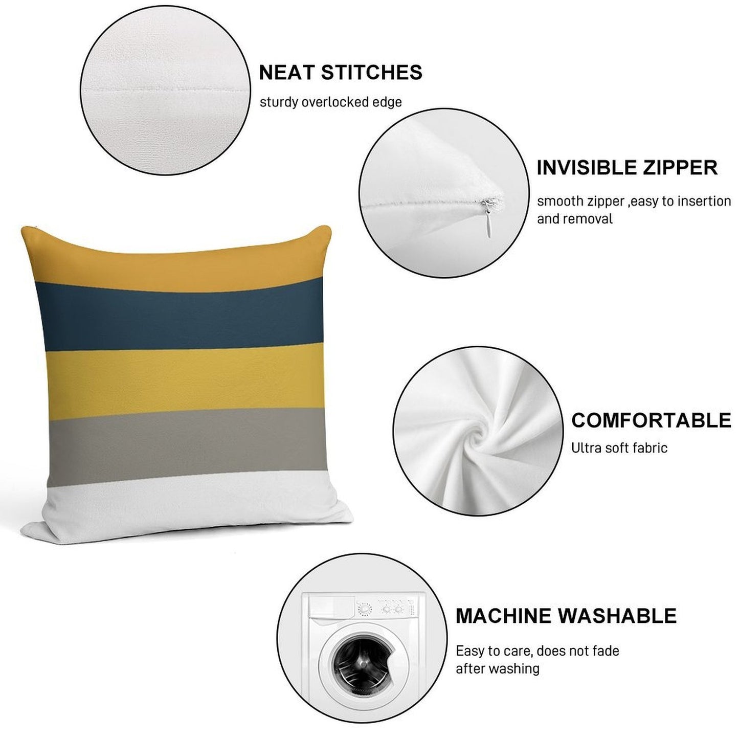 Broad Stripes Pattern in Light And Dark Mustard Yellow, Grey, White, And Navy Blue Soft Skin-Friendly Throw Pillow