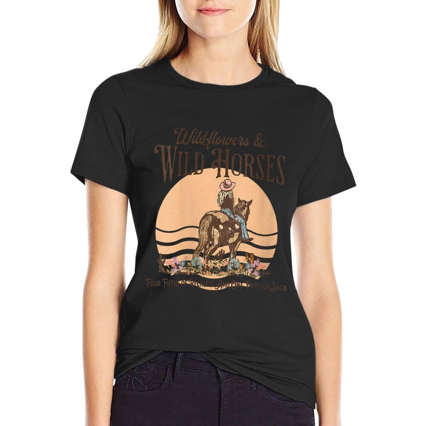 Womens Wildflowers  Wild Horses Western Cowgirl Cowboy  Wrinkle-resistant T-Shirt