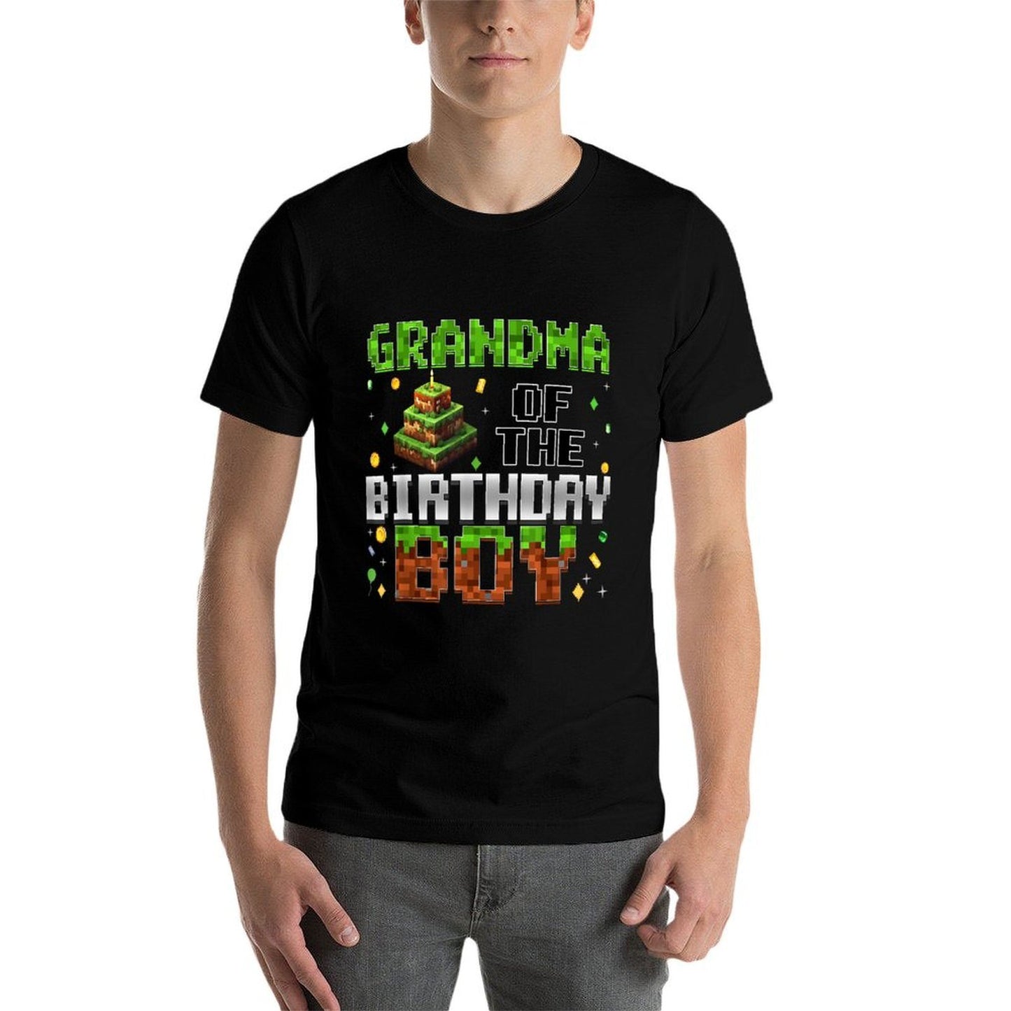 Grandma Of The Birthday Boy Matching Family Bday Pixel Party  Stretchy T-Shirt