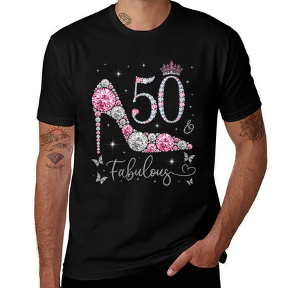 Womens 50 & Fabulous 50 Years Old And Fabulous 50th Birthday  Ribbed Collar T-Shirt