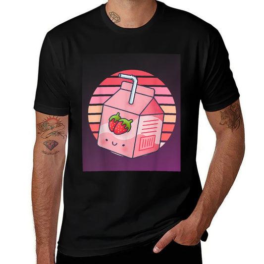 Mens Womens Japanese Pink Strawberry Milk Kawaii 90s Retro  Eco-friendly Material T-Shirt