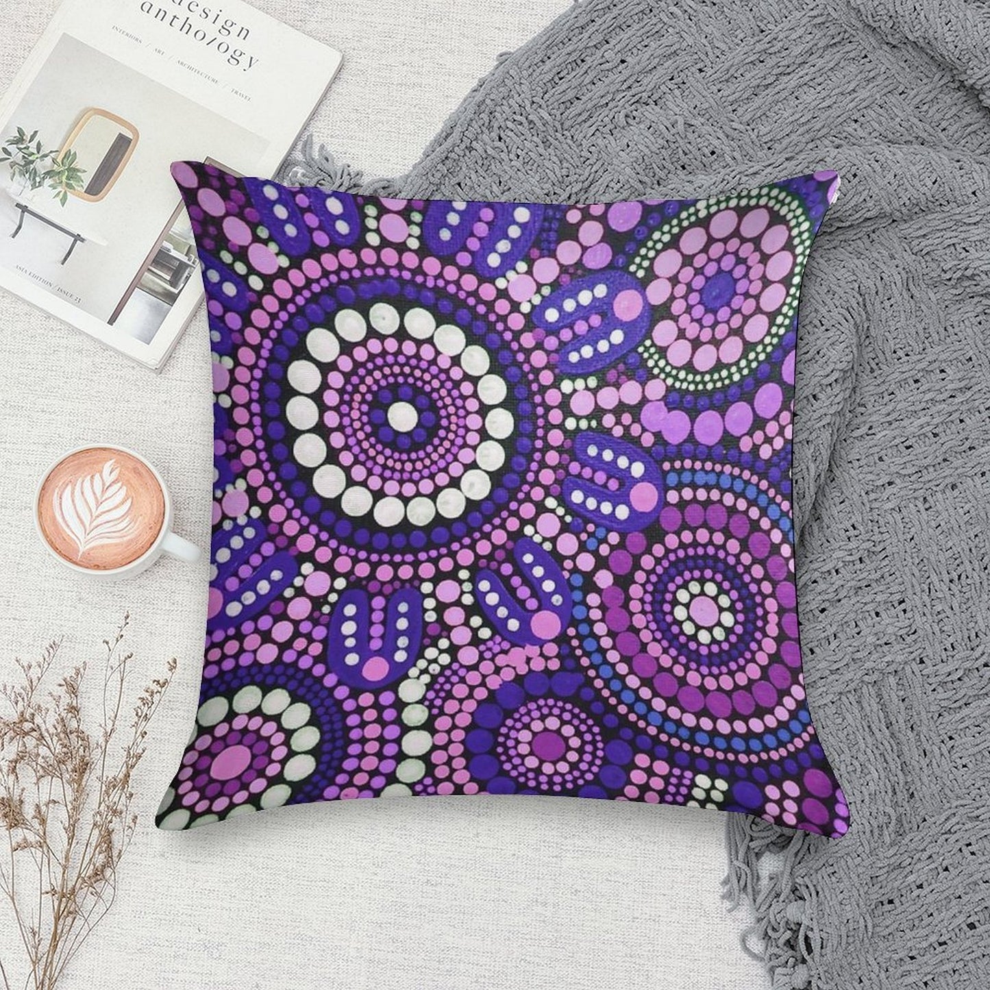 Aboriginal Art Purple Pattern Family Gathering Soft Bedroom Essential Throw Pillow