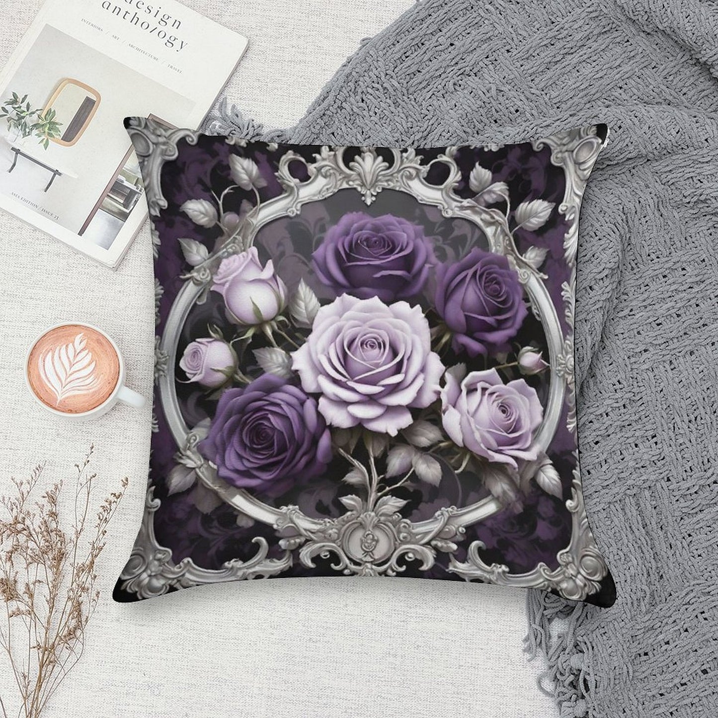 Matte Lilac & Purple Roses With Silver Rococo Soft Shrink-Resistant Throw Pillow