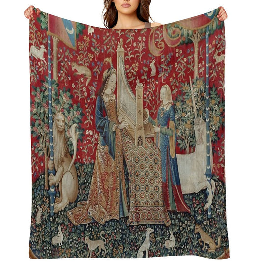 Lady And Unicorn Medieval Tapestry Five Senses - Hearing Eco-conscious Throw Blanket