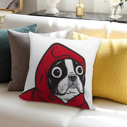 Boston Terrier in A Red Hoodie Soft Washable Throw Pillow