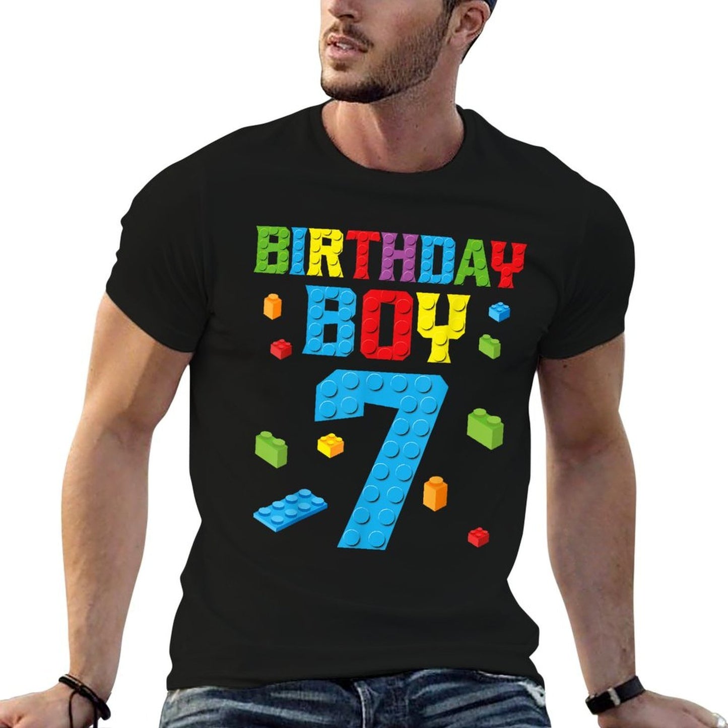 Master Builder 7th Birthday Boy 7 Seven Year Building Bricks  Trendy Pattern T-Shirt