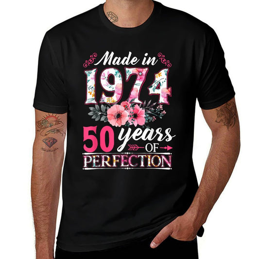 50 Year Old Made In 1974 Floral Flower 50th Birthday Womens  Cotton T-Shirt