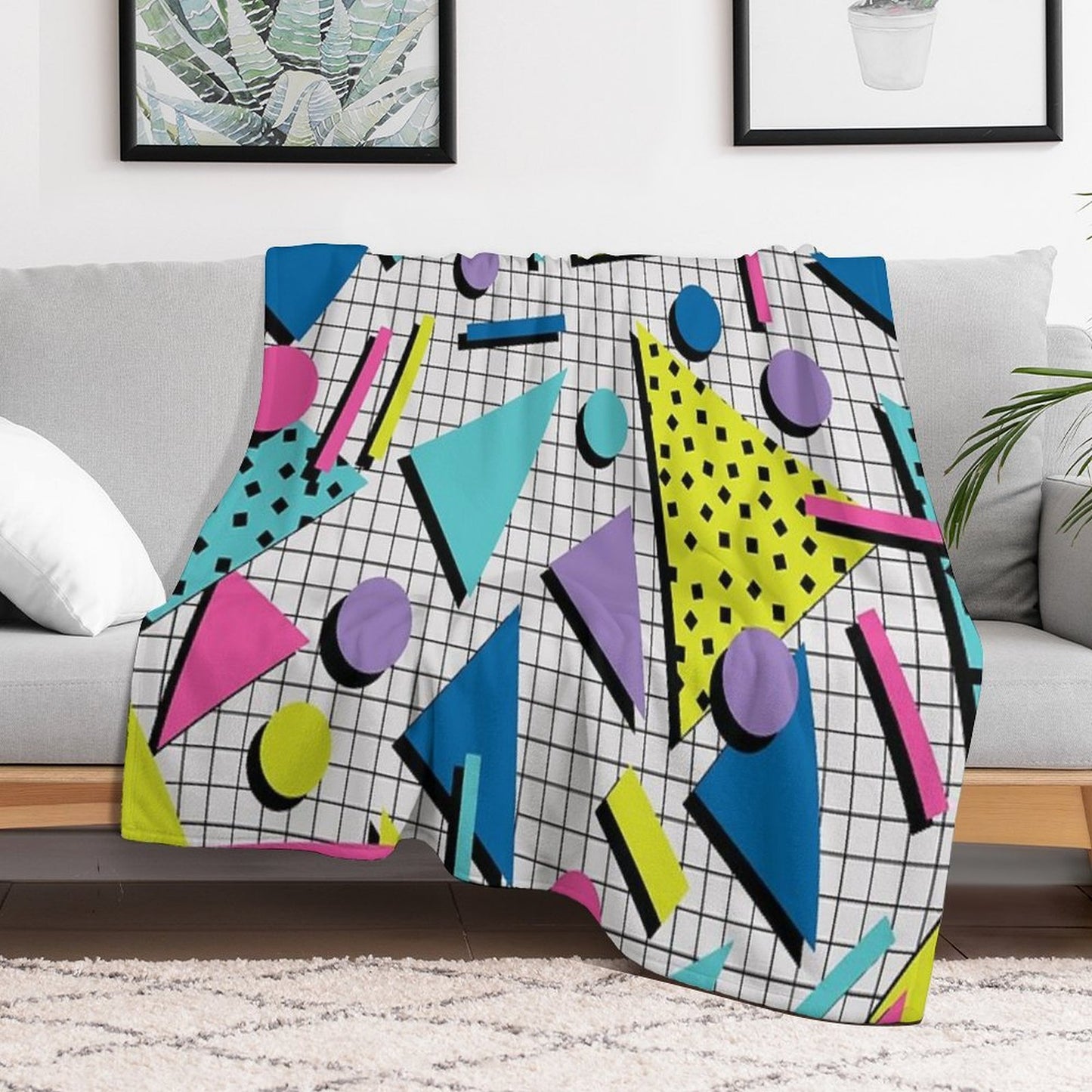 Totally Tubular! Retro 80s Memphis Style Inspired Geometric Print Plush Throw Blanket