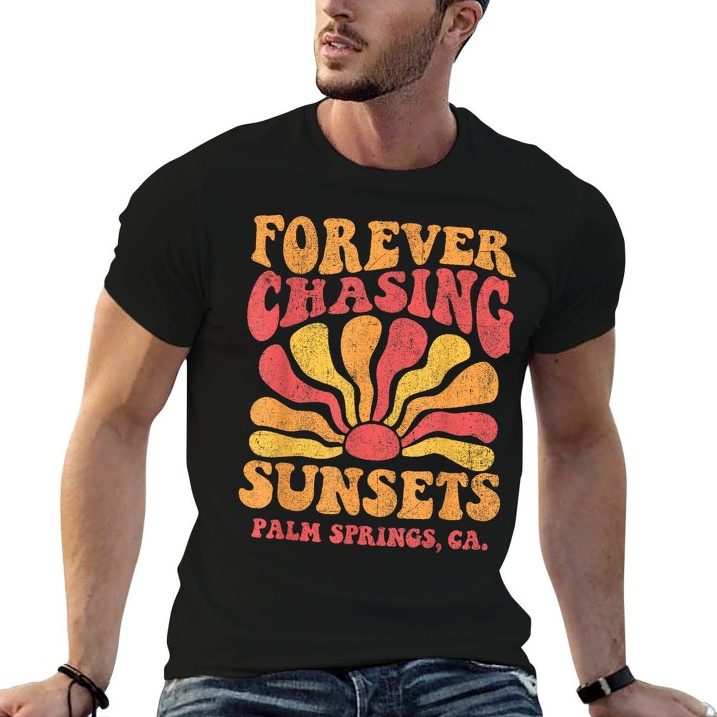 Forever Chasing Sunsets Palm Springs Beach California Retro  Fade-proof Color T-Shirt