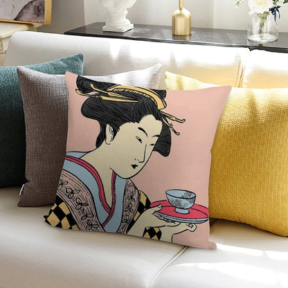 Geisha's Tea Time Soft Skin-Friendly Throw Pillow