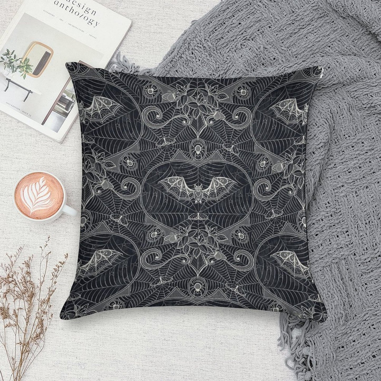 Gothic Halloween Lace - Bats - Black Soft Durable Construction Throw Pillow