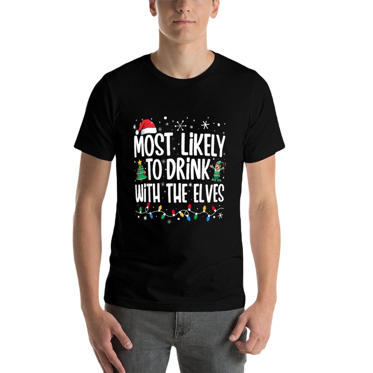 Most Likely to Drink With The Elves Elf Drinking Christmas  Summer-ready Fabric T-Shirt