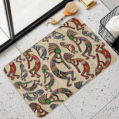 Kokopelli Rainbow Colors on Tribal Pattern  Long-Lasting Bath Mat