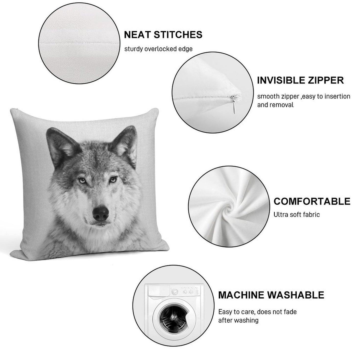 Wolf - Black & White Soft Gift Ready Throw Pillow