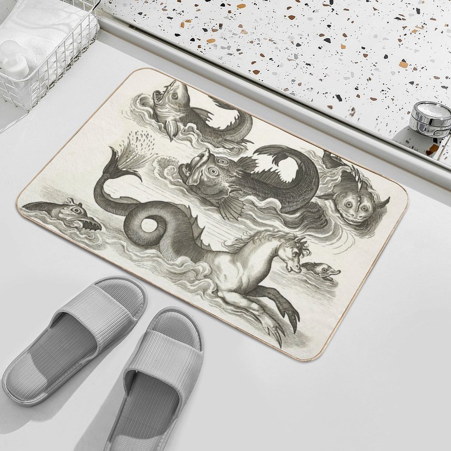 MEDIEVAL BESTIARY,Black White Fantastic Aquatic Animals And Sea Horse of Neptune  Easy Maintenance Bath Mat
