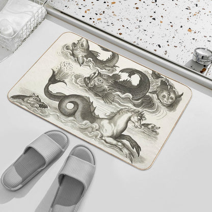 MEDIEVAL BESTIARY,Black White Fantastic Aquatic Animals And Sea Horse of Neptune  Easy Maintenance Bath Mat