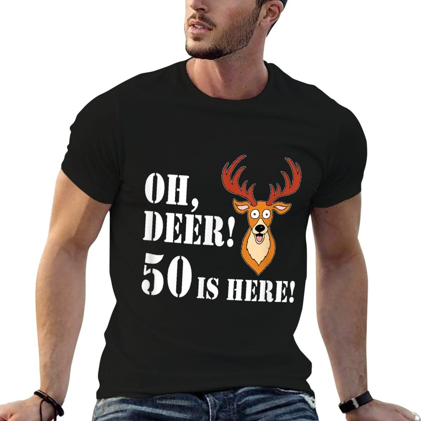 Oh Deer 50 Is Here Animal Pun 50th Birthday  Rolled Sleeves T-Shirt