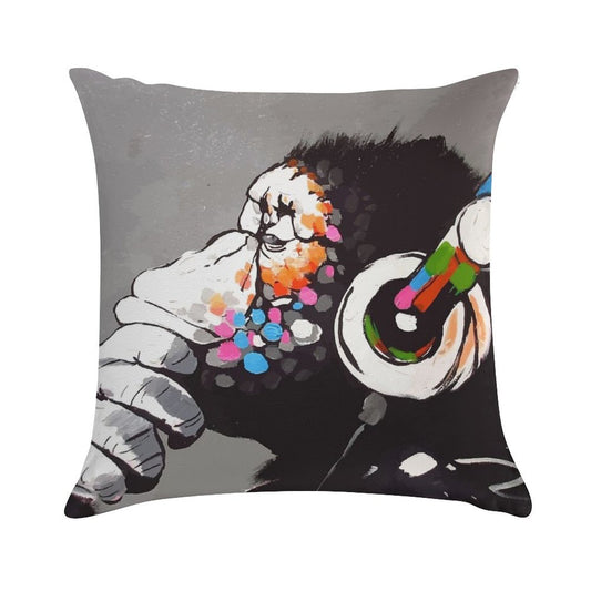 Banksy DJ Monkey Thinker with Headphones Soft Bedroom Essential Throw Pillow