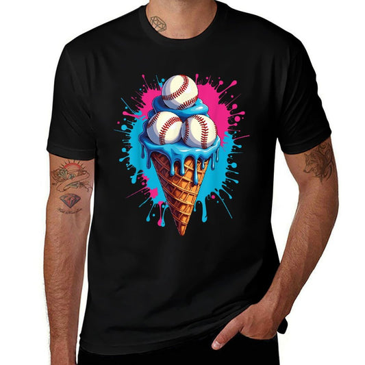 Baseball Ice Cream Funny Ice Cream Baseball Drip Watercolor  Rolled Sleeves T-Shirt