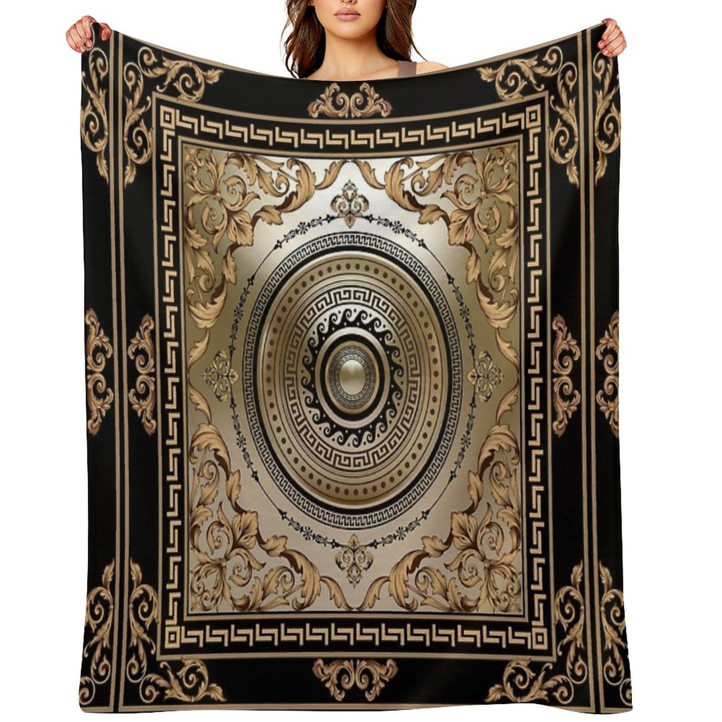 Ornate Baroque Filigree Black Bronze Greek Key Meander Durable Throw Blanket