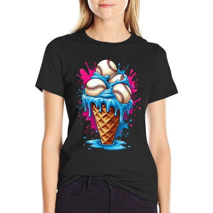 Baseball Ice Cream Funny Ice Cream Baseball Drip Watercolor  Ribbed Collar T-Shirt